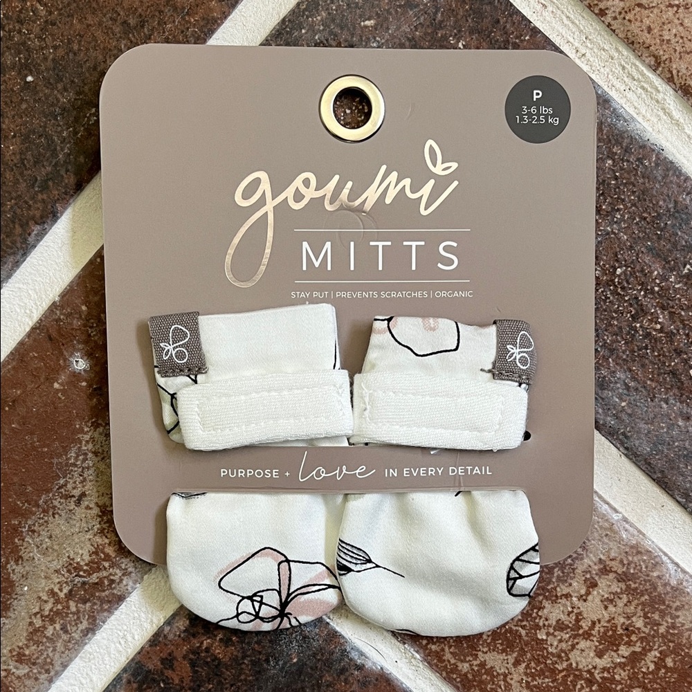 Goumi Cream Baby Mittens with Pale Pink & Black Floral Outline